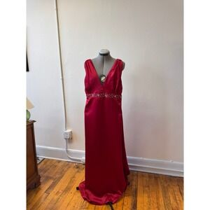Dessy Collection Red Embellished Formal Gown – Deep V Neck Criss-Cross Back